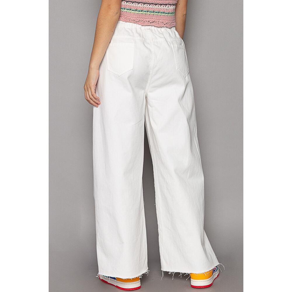 POL High Rise Distressed Adjustable Drawstring Side Slit Wide Leg Pants | White - Picture 2 of 4